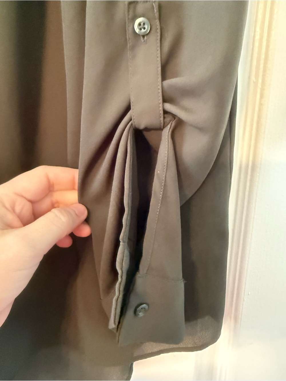 Simply Vera Vera Wang Olive Green Pleated Split-Neck Blouse - Picture 3 of 7